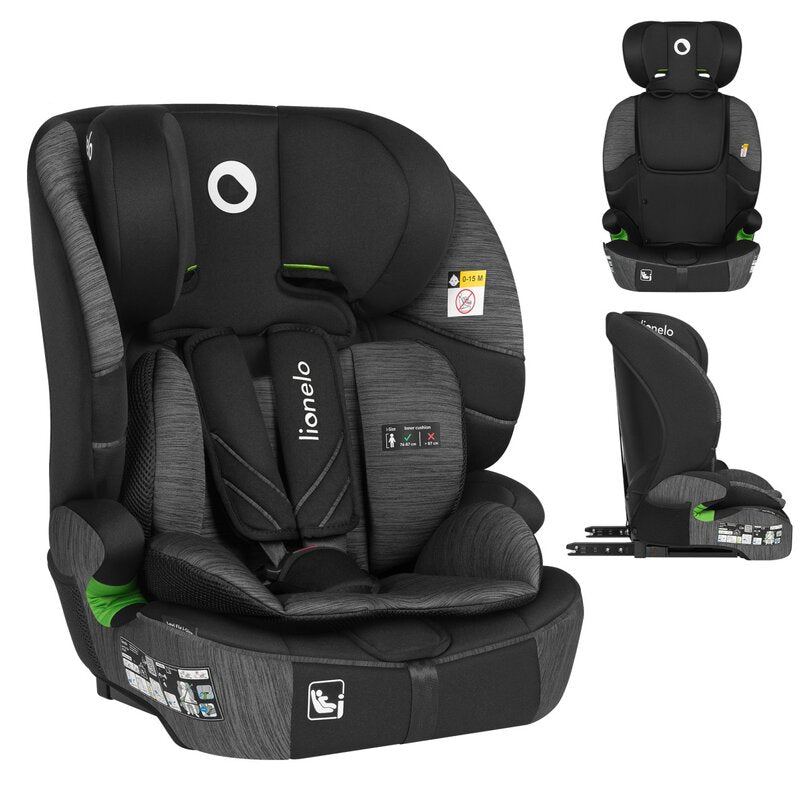 Scaun auto i-Size, Lionelo, Levi Fix, 76 - 150 cm, 1/2/3, ISOFIX + Top Tether, Tetiera reglabila in 10 pozitii, Insertie ergonomica Dri-Seat, Tapiterie lavabila, Testat la impact, Baza lata, Cotiere practice, Conform cu R129, Negru/Gri - gogobaby.ro