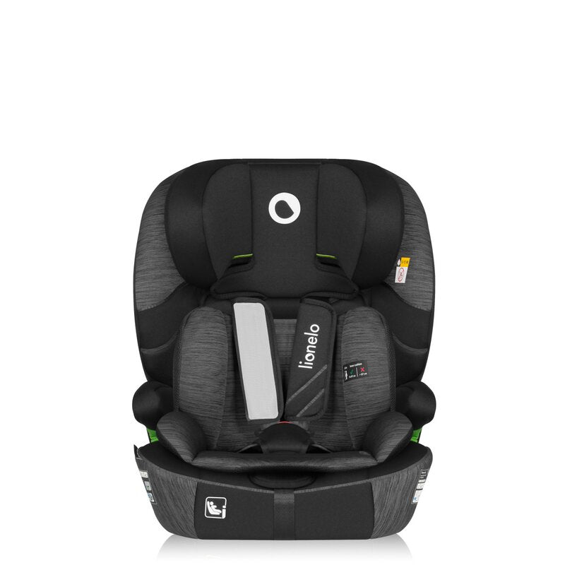 Scaun auto i-Size, Lionelo, Levi Fix, 76 - 150 cm, 1/2/3, ISOFIX + Top Tether, Tetiera reglabila in 10 pozitii, Insertie ergonomica Dri-Seat, Tapiterie lavabila, Testat la impact, Baza lata, Cotiere practice, Conform cu R129, Negru/Gri - gogobaby.ro