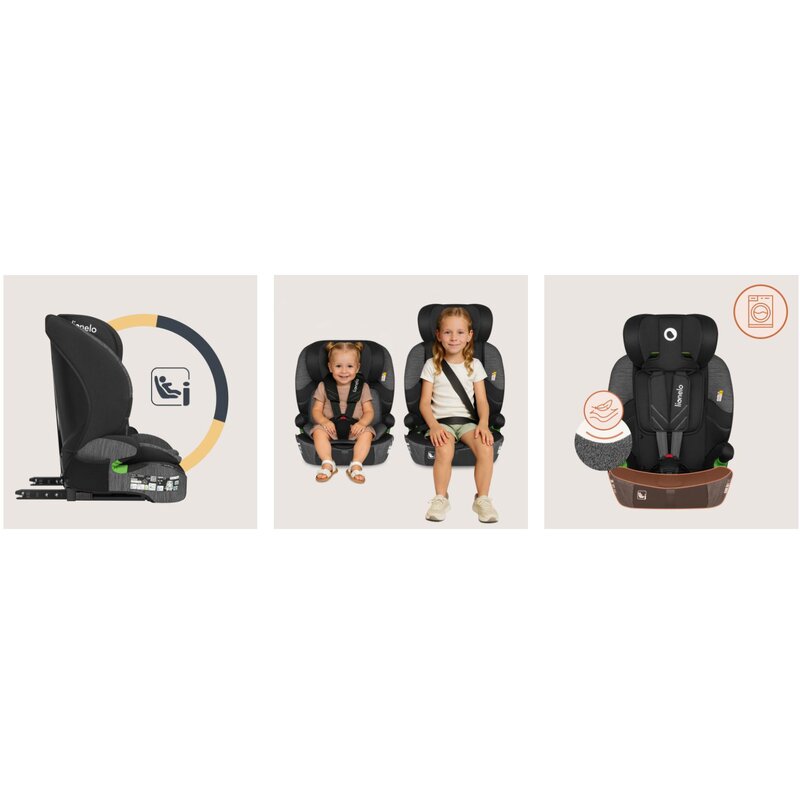 Scaun auto i-Size, Lionelo, Levi Fix, 76 - 150 cm, 1/2/3, ISOFIX + Top Tether, Tetiera reglabila in 10 pozitii, Insertie ergonomica Dri-Seat, Tapiterie lavabila, Testat la impact, Baza lata, Cotiere practice, Conform cu R129, Negru/Gri - gogobaby.ro