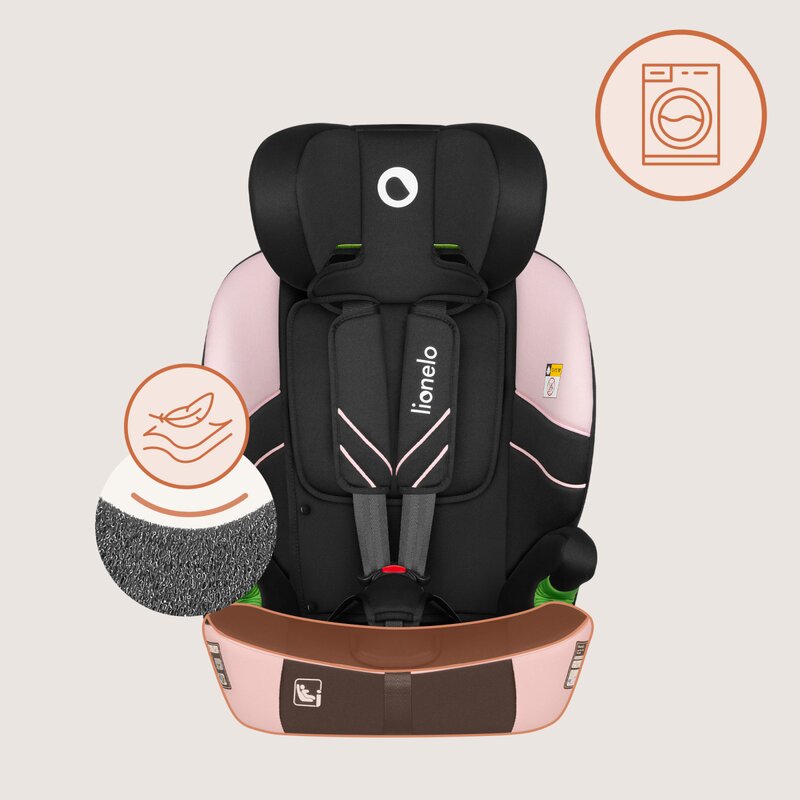 Scaun auto i-Size, Lionelo, Levi Fix, 76 - 150 cm, 1/2/3, ISOFIX + Top Tether, Tetiera reglabila in 10 pozitii, Insertie ergonomica Dri-Seat, Tapiterie lavabila, Testat la impact, Baza lata, Cotiere practice, Conform cu R129, Roz