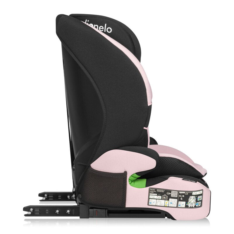 Scaun auto i-Size, Lionelo, Levi Fix, 76 - 150 cm, 1/2/3, ISOFIX + Top Tether, Tetiera reglabila in 10 pozitii, Insertie ergonomica Dri-Seat, Tapiterie lavabila, Testat la impact, Baza lata, Cotiere practice, Conform cu R129, Roz