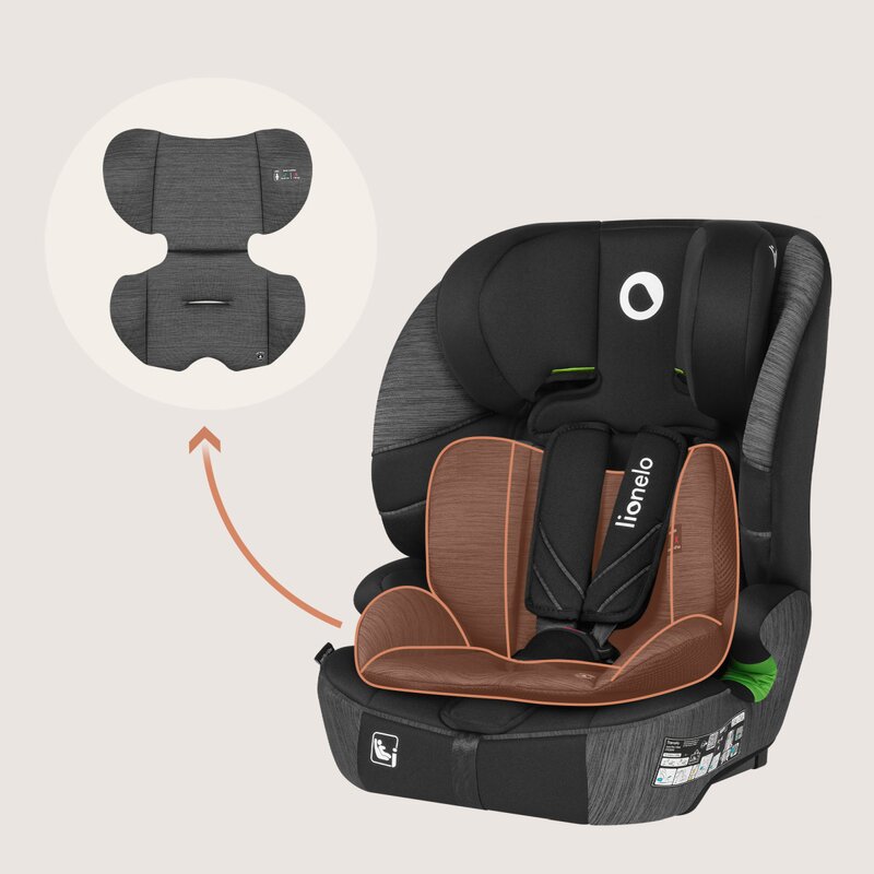 Scaun auto i-Size, Lionelo, Levi Fix, 76 - 150 cm, 1/2/3, ISOFIX + Top Tether, Tetiera reglabila in 10 pozitii, Insertie ergonomica Dri-Seat, Tapiterie lavabila, Testat la impact, Baza lata, Cotiere practice, Conform cu R129, Negru/Gri - gogobaby.ro