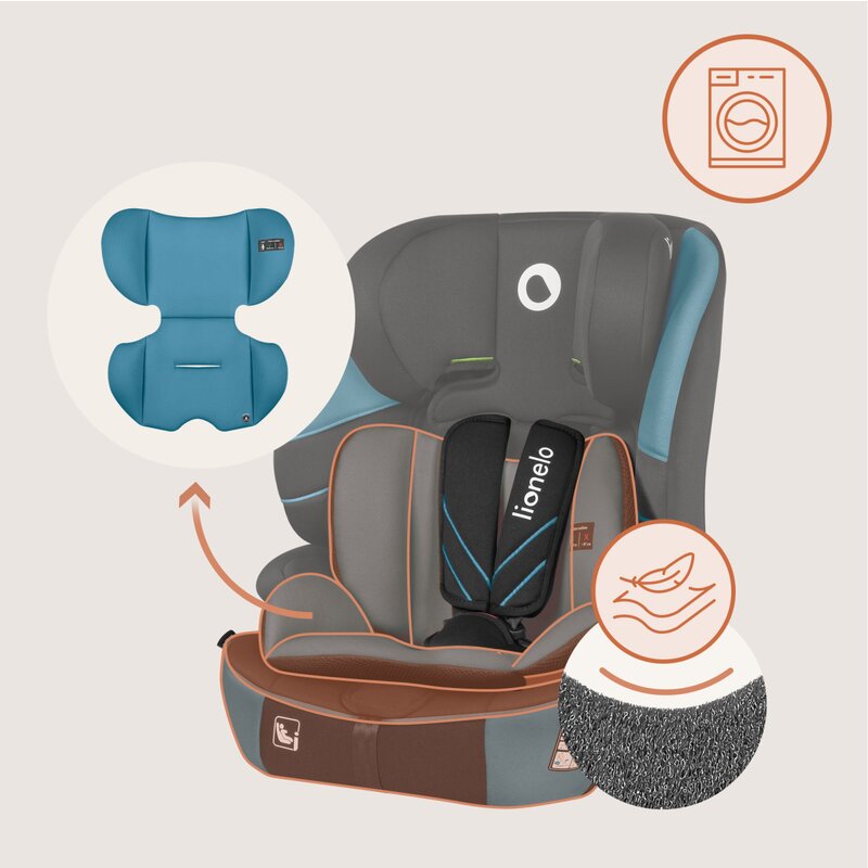 Scaun auto i-Size, Lionelo, Levi Fix, 76 - 150 cm, 1/2/3, ISOFIX + Top Tether, Tetiera reglabila in 10 pozitii, Insertie ergonomica Dri-Seat, Tapiterie lavabila, Testat la impact, Baza lata, Cotiere practice, Conform cu R129, Albastru