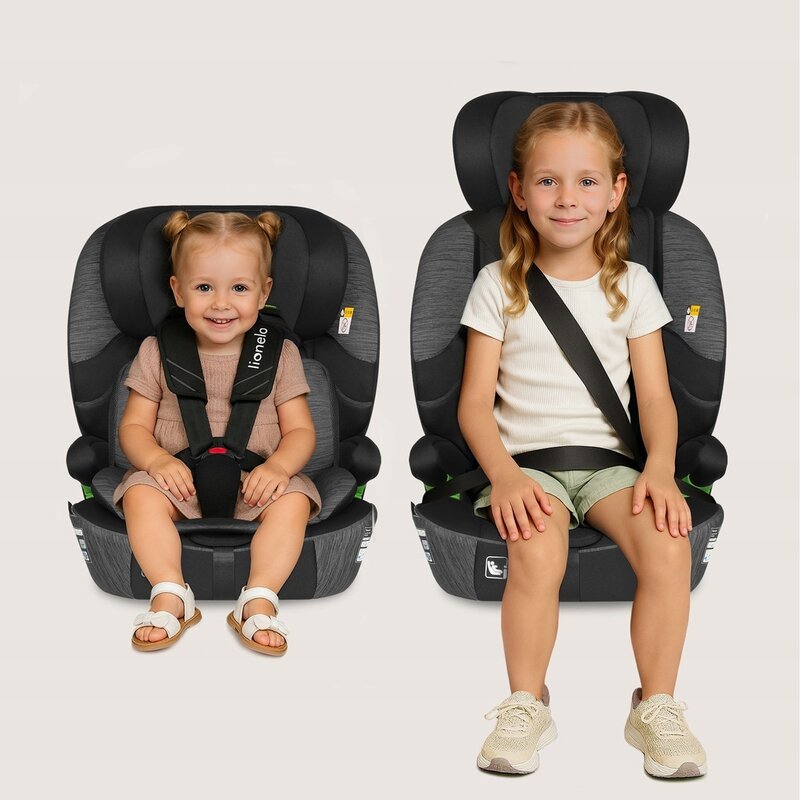 Scaun auto i-Size, Lionelo, Levi Fix, 76 - 150 cm, 1/2/3, ISOFIX + Top Tether, Tetiera reglabila in 10 pozitii, Insertie ergonomica Dri-Seat, Tapiterie lavabila, Testat la impact, Baza lata, Cotiere practice, Conform cu R129, Negru/Gri - gogobaby.ro