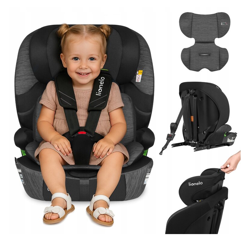 Scaun auto i-Size, Lionelo, Levi Fix, 76 - 150 cm, 1/2/3, ISOFIX + Top Tether, Tetiera reglabila in 10 pozitii, Insertie ergonomica Dri-Seat, Tapiterie lavabila, Testat la impact, Baza lata, Cotiere practice, Conform cu R129, Negru/Gri - gogobaby.ro