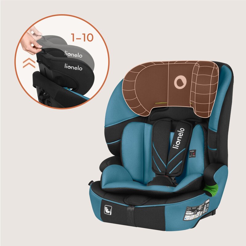 Scaun auto i-Size, Lionelo, Levi Fix, 76 - 150 cm, 1/2/3, ISOFIX + Top Tether, Tetiera reglabila in 10 pozitii, Insertie ergonomica Dri-Seat, Tapiterie lavabila, Testat la impact, Baza lata, Cotiere practice, Conform cu R129, Albastru