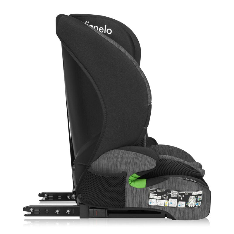 Scaun auto i-Size, Lionelo, Levi Fix, 76 - 150 cm, 1/2/3, ISOFIX + Top Tether, Tetiera reglabila in 10 pozitii, Insertie ergonomica Dri-Seat, Tapiterie lavabila, Testat la impact, Baza lata, Cotiere practice, Conform cu R129, Negru/Gri - gogobaby.ro