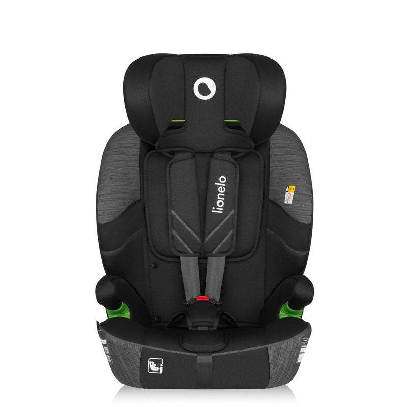 Scaun auto i-Size, Lionelo, Levi Fix, 76 - 150 cm, 1/2/3, ISOFIX + Top Tether, Tetiera reglabila in 10 pozitii, Insertie ergonomica Dri-Seat, Tapiterie lavabila, Testat la impact, Baza lata, Cotiere practice, Conform cu R129, Negru/Gri - gogobaby.ro