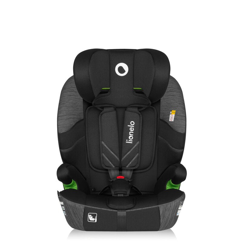 Scaun auto i-Size, Lionelo, Levi Fix, 76 - 150 cm, 1/2/3, ISOFIX + Top Tether, Tetiera reglabila in 10 pozitii, Insertie ergonomica Dri-Seat, Tapiterie lavabila, Testat la impact, Baza lata, Cotiere practice, Conform cu R129, Negru/Gri