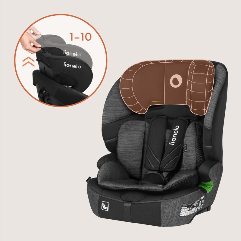 Scaun auto i-Size, Lionelo, Levi Fix, 76 - 150 cm, 1/2/3, ISOFIX + Top Tether, Tetiera reglabila in 10 pozitii, Insertie ergonomica Dri-Seat, Tapiterie lavabila, Testat la impact, Baza lata, Cotiere practice, Conform cu R129, Negru/Gri