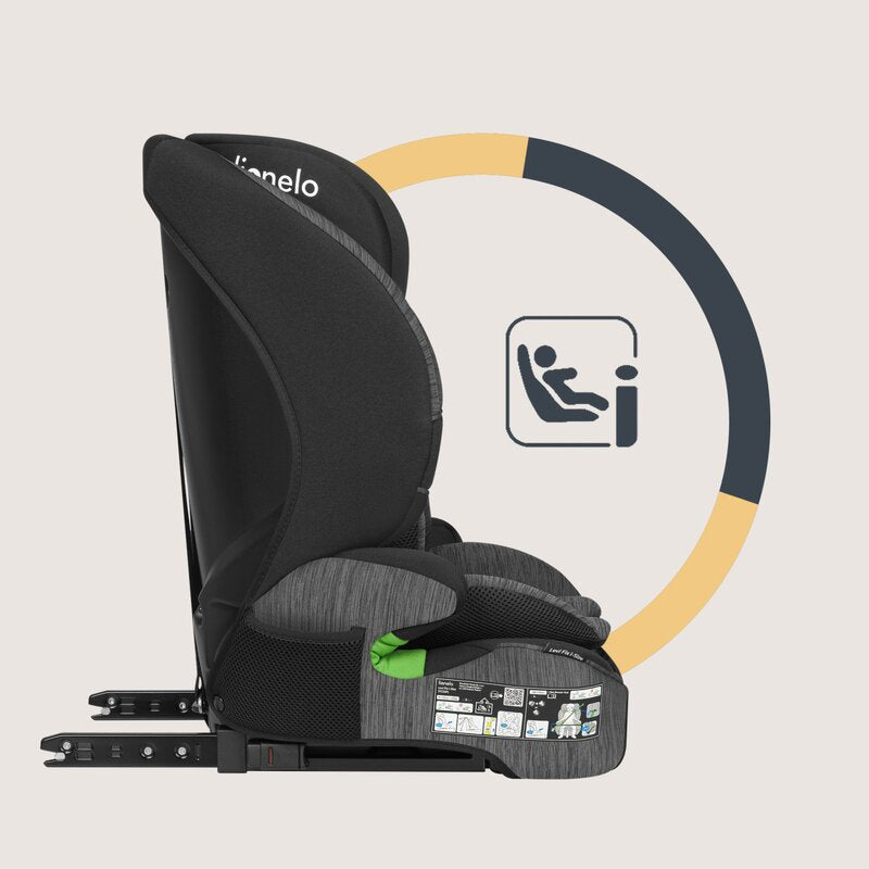 Scaun auto i-Size, Lionelo, Levi Fix, 76 - 150 cm, 1/2/3, ISOFIX + Top Tether, Tetiera reglabila in 10 pozitii, Insertie ergonomica Dri-Seat, Tapiterie lavabila, Testat la impact, Baza lata, Cotiere practice, Conform cu R129, Negru/Gri - gogobaby.ro