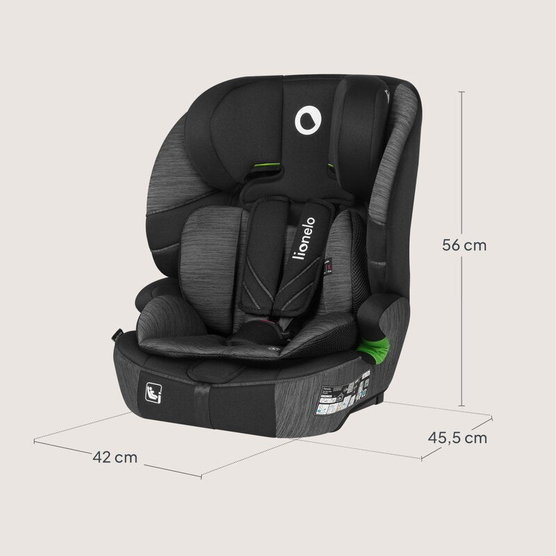 Scaun auto i-Size, Lionelo, Levi Fix, 76 - 150 cm, 1/2/3, ISOFIX + Top Tether, Tetiera reglabila in 10 pozitii, Insertie ergonomica Dri-Seat, Tapiterie lavabila, Testat la impact, Baza lata, Cotiere practice, Conform cu R129, Negru/Gri - gogobaby.ro