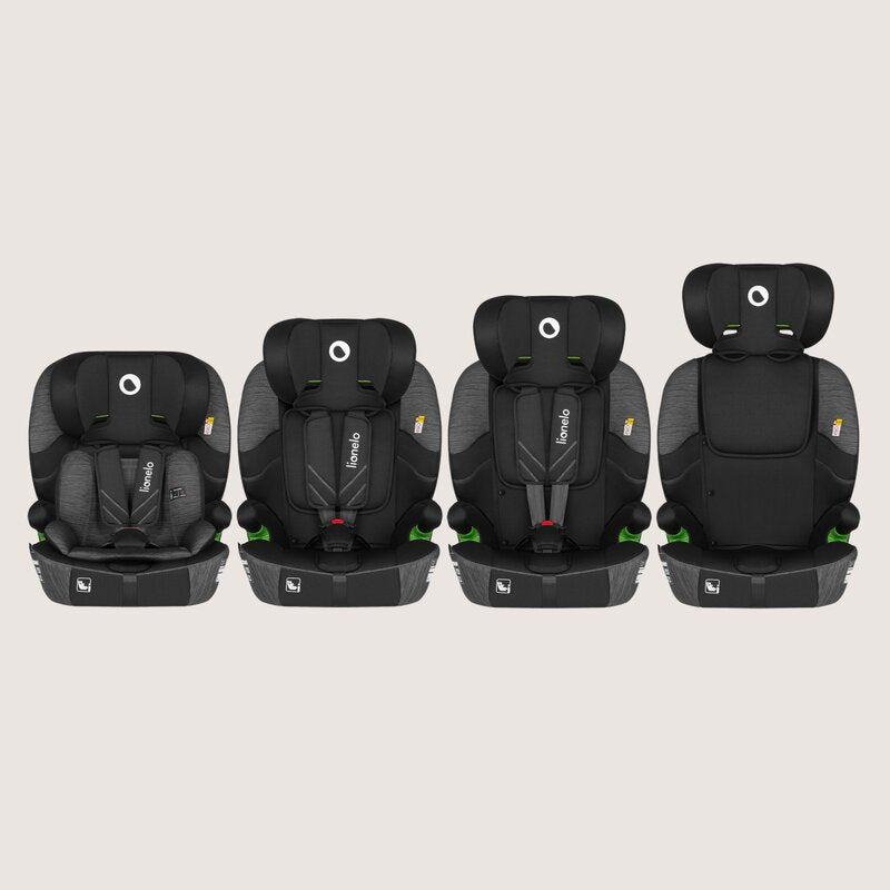 Scaun auto i-Size, Lionelo, Levi Fix, 76 - 150 cm, 1/2/3, ISOFIX + Top Tether, Tetiera reglabila in 10 pozitii, Insertie ergonomica Dri-Seat, Tapiterie lavabila, Testat la impact, Baza lata, Cotiere practice, Conform cu R129, Negru/Gri