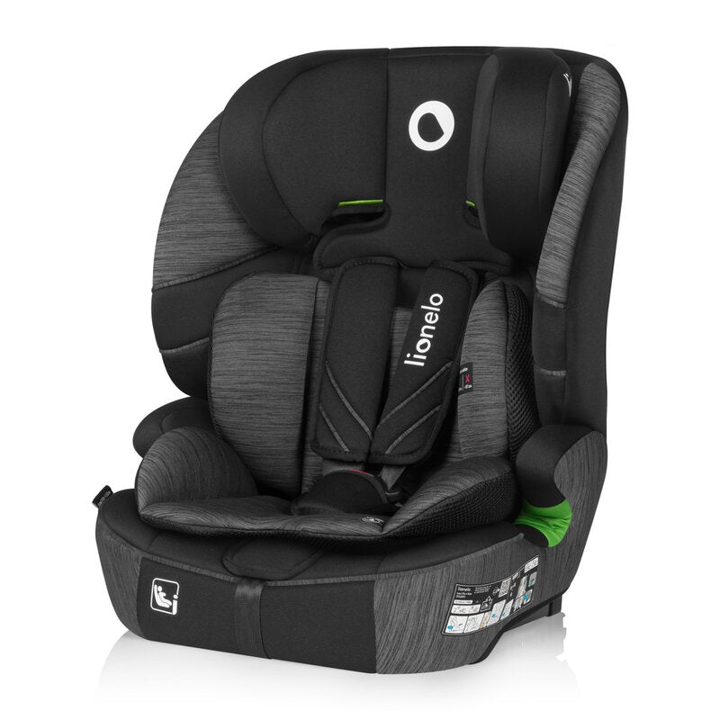 Scaun auto i-Size, Lionelo, Levi Fix, 76 - 150 cm, 1/2/3, ISOFIX + Top Tether, Tetiera reglabila in 10 pozitii, Insertie ergonomica Dri-Seat, Tapiterie lavabila, Testat la impact, Baza lata, Cotiere practice, Conform cu R129, Negru/Gri - gogobaby.ro