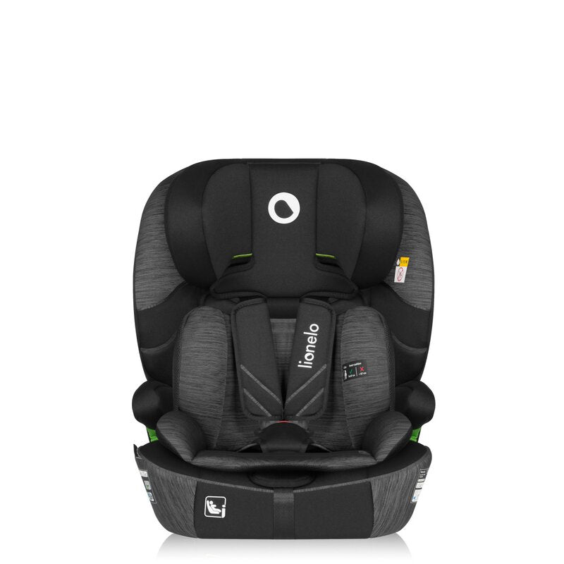 Scaun auto i-Size, Lionelo, Levi Fix, 76 - 150 cm, 1/2/3, ISOFIX + Top Tether, Tetiera reglabila in 10 pozitii, Insertie ergonomica Dri-Seat, Tapiterie lavabila, Testat la impact, Baza lata, Cotiere practice, Conform cu R129, Negru/Gri