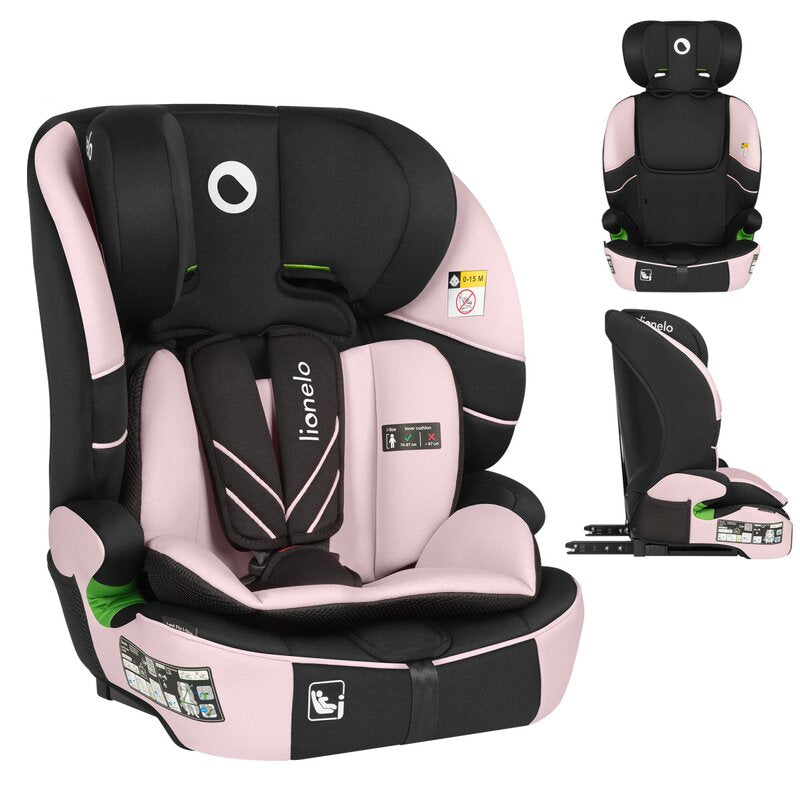 Scaun auto i-Size, Lionelo, Levi Fix, 76 - 150 cm, 1/2/3, ISOFIX + Top Tether, Tetiera reglabila in 10 pozitii, Insertie ergonomica Dri-Seat, Tapiterie lavabila, Testat la impact, Baza lata, Cotiere practice, Conform cu R129, Roz