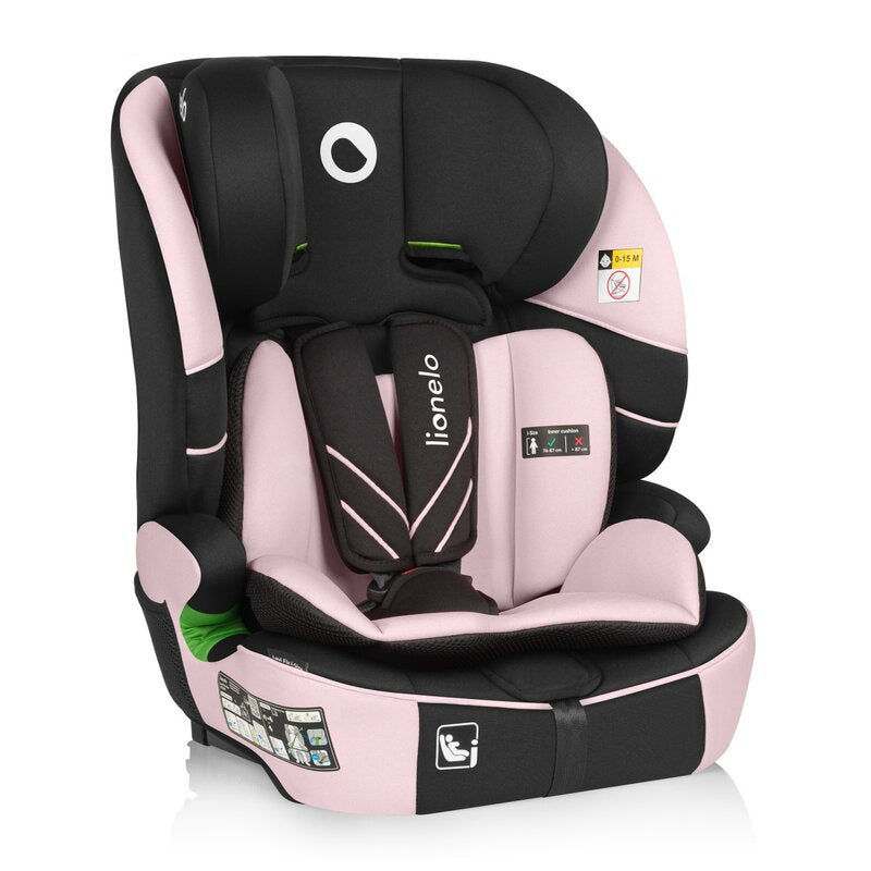 Scaun auto i-Size, Lionelo, Levi Fix, 76 - 150 cm, 1/2/3, ISOFIX + Top Tether, Tetiera reglabila in 10 pozitii, Insertie ergonomica Dri-Seat, Tapiterie lavabila, Testat la impact, Baza lata, Cotiere practice, Conform cu R129, Roz