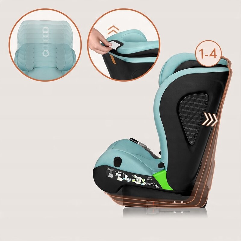 Scaun auto i-Size, Lionelo, Neal, Spatar reglabil in 4 pozitii, Tetiera in 10 pozitii, Suport sticla inclus, 15-36 Kg, 100-150 cm, Cu Isofix, Conform ECE R129, Verde Turquoise