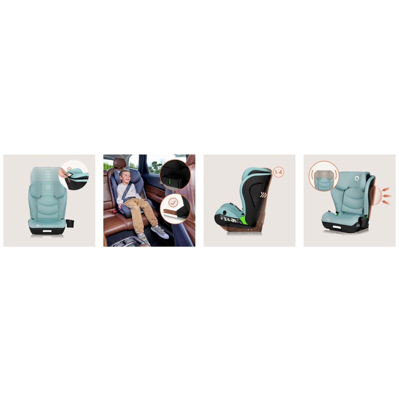 Scaun auto i-Size, Lionelo, Neal, Spatar reglabil in 4 pozitii, Tetiera in 10 pozitii, Suport sticla inclus, 15-36 Kg, 100-150 cm, Cu Isofix, Conform ECE R129, Verde Turquoise