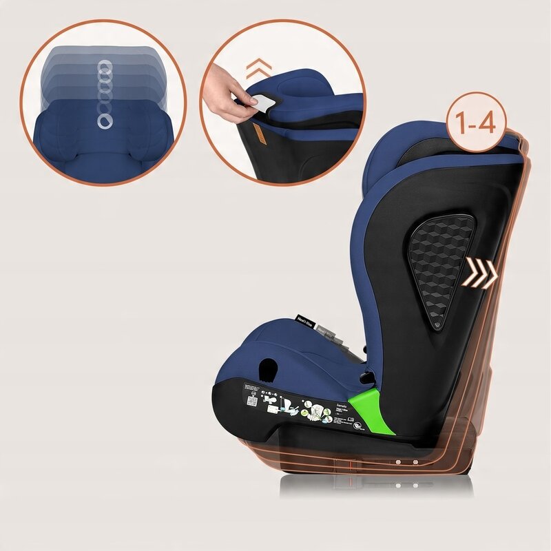 Scaun auto i-Size, Lionelo, Neal, Spatar reglabil in 4 pozitii, Tetiera in 10 pozitii, Suport sticla inclus, 15-36 Kg, 100-150 cm, Cu Isofix, Conform ECE R129, Albastru