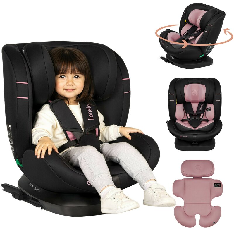 Scaun auto, Lionelo, Bastiaan i-Size, 4 in 1, Protectie laterala, Cu spatar inclinabil in 4 pozitii, Cu tetiera reglabila in 7 pozitii, Rotire 360 grade, Top Tether, 0-36 Kg, 40-150 cm, Cu Isofix, Conform cu ECE R129/03, Roz deschis