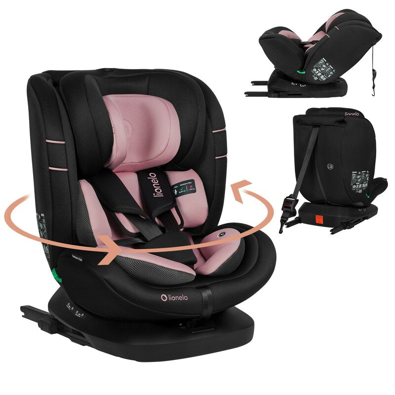 Scaun auto, Lionelo, Bastiaan i-Size, 4 in 1, Protectie laterala, Cu spatar inclinabil in 4 pozitii, Cu tetiera reglabila in 7 pozitii, Rotire 360 grade, Top Tether, 0-36 Kg, 40-150 cm, Cu Isofix, Conform cu ECE R129/03, Roz deschis