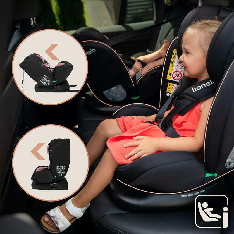 Scaun auto, Lionelo, Bastiaan i-Size, 4 in 1, Protectie laterala, Cu spatar inclinabil in 4 pozitii, Cu tetiera reglabila in 7 pozitii, Rotire 360 grade, Top Tether, 0-36 Kg, 40-150 cm, Cu Isofix, Conform cu ECE R129/03, Roz deschis