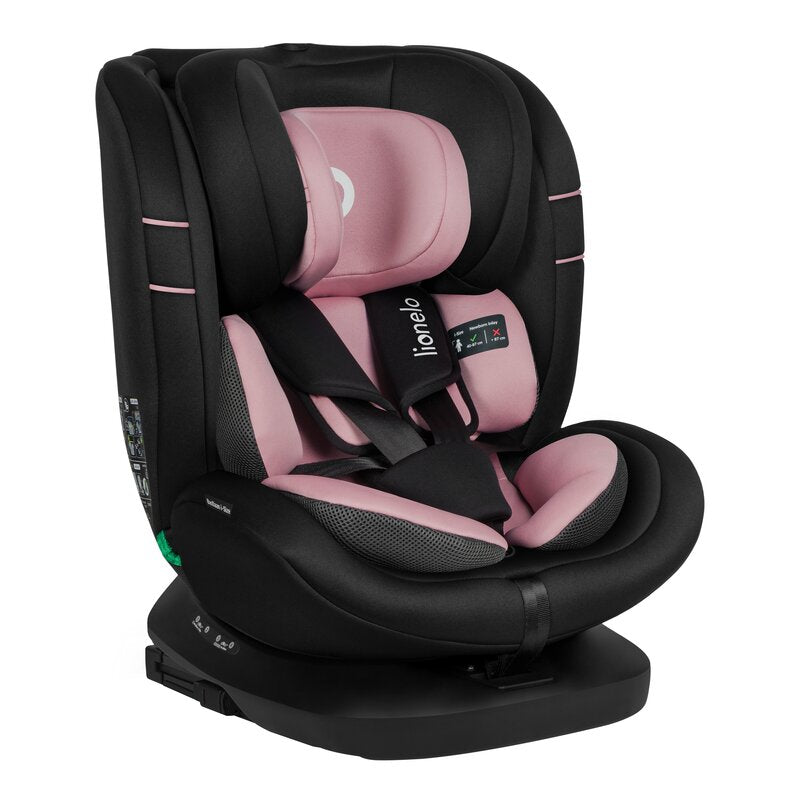 Scaun auto, Lionelo, Bastiaan i-Size, 4 in 1, Protectie laterala, Cu spatar inclinabil in 4 pozitii, Cu tetiera reglabila in 7 pozitii, Rotire 360 grade, Top Tether, 0-36 Kg, 40-150 cm, Cu Isofix, Conform cu ECE R129/03, Roz deschis