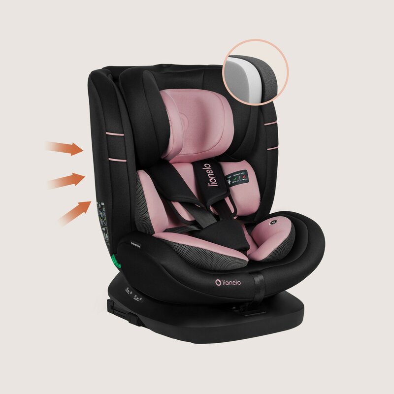 Scaun auto, Lionelo, Bastiaan i-Size, 4 in 1, Protectie laterala, Cu spatar inclinabil in 4 pozitii, Cu tetiera reglabila in 7 pozitii, Rotire 360 grade, Top Tether, 0-36 Kg, 40-150 cm, Cu Isofix, Conform cu ECE R129/03, Roz deschis