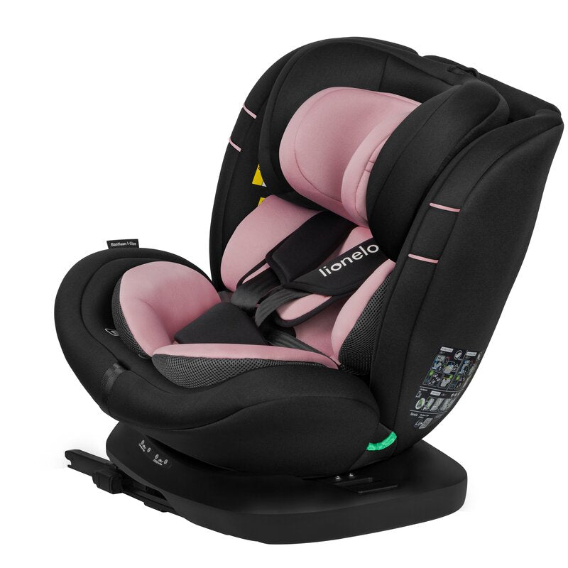 Scaun auto, Lionelo, Bastiaan i-Size, 4 in 1, Protectie laterala, Cu spatar inclinabil in 4 pozitii, Cu tetiera reglabila in 7 pozitii, Rotire 360 grade, Top Tether, 0-36 Kg, 40-150 cm, Cu Isofix, Conform cu ECE R129/03, Roz deschis