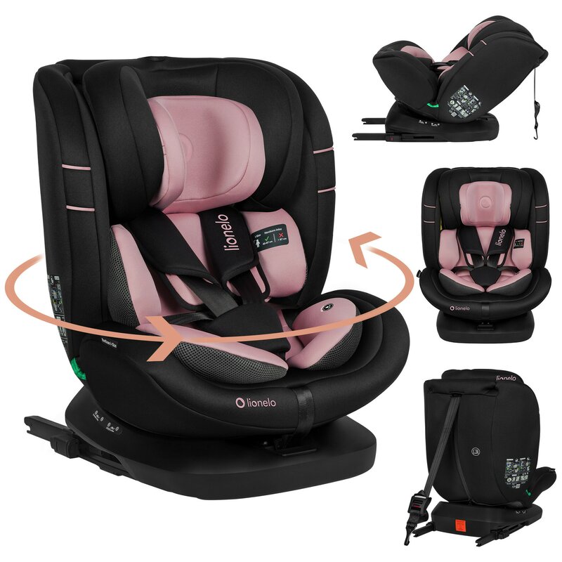 Scaun auto, Lionelo, Bastiaan i-Size, 4 in 1, Protectie laterala, Cu spatar inclinabil in 4 pozitii, Cu tetiera reglabila in 7 pozitii, Rotire 360 grade, Top Tether, 0-36 Kg, 40-150 cm, Cu Isofix, Conform cu ECE R129/03, Roz deschis
