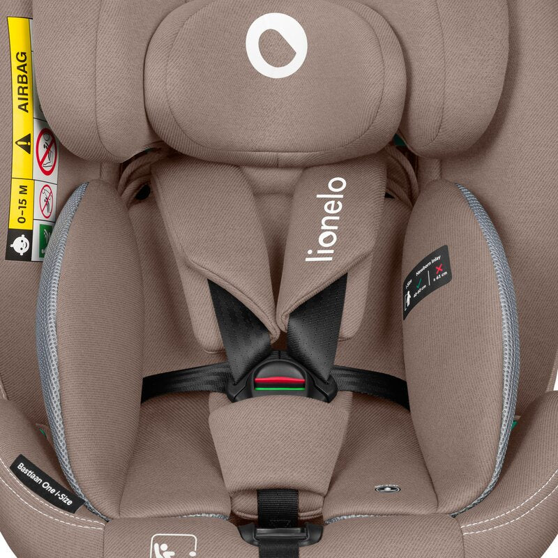 Scaun auto, Lionelo, Bastiaan One i-Size, 4 in 1, Protectie laterala, Cu spatar inclinabil in 4 pozitii, Cu tetiera reglabila in 13 pozitii, Rotire 360 grade, Top Tether, 0-36 Kg, 40-150 cm, Cu Isofix, Conform cu ECE R129, Bej - gogobaby.ro