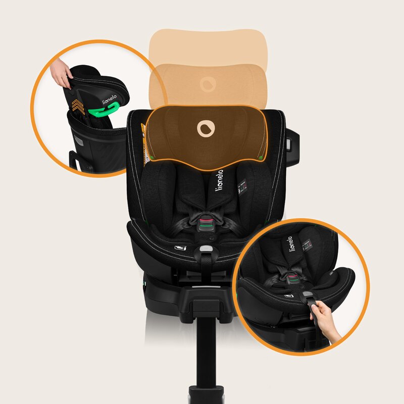 Scaun auto, Lionelo, Harmony i-Size, Rotire 360 grade, Protectie laterala, Cu spatar reglabil in 5 pozitii, Cu tetiera reglabila in 12 pozitii, 0-36 Kg, 40-150 cm, Cu Isofix, Husa din bambus, Conform cu ECE R129, Negru - gogobaby.ro