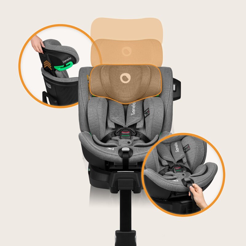 Scaun auto, Lionelo, Harmony i-Size, Rotire 360 grade, Protectie laterala, Cu spatar reglabil in 5 pozitii, Cu tetiera reglabila in 12 pozitii, 0-36 Kg, 40-150 cm, Cu Isofix, Husa din bambus, Conform cu ECE R129, Gri deschis - gogobaby.ro