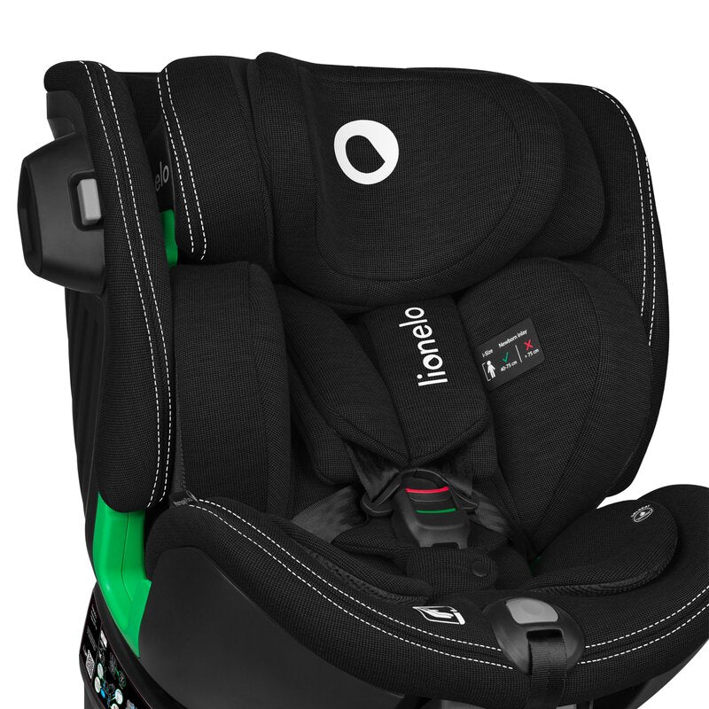 Scaun auto, Lionelo, Harmony i-Size, Rotire 360 grade, Protectie laterala, Cu spatar reglabil in 5 pozitii, Cu tetiera reglabila in 12 pozitii, 0-36 Kg, 40-150 cm, Cu Isofix, Husa din bambus, Conform cu ECE R129, Negru - gogobaby.ro