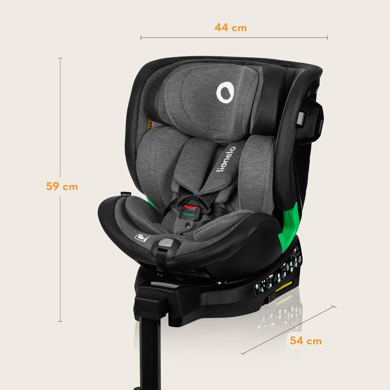 Scaun auto, Lionelo, Harmony i-Size, Rotire 360 grade, Protectie laterala, Cu spatar reglabil in 5 pozitii, Cu tetiera reglabila in 12 pozitii, 0-36 Kg, 40-150 cm, Cu Isofix, Husa din bambus, Conform cu ECE R129, Gri inchis