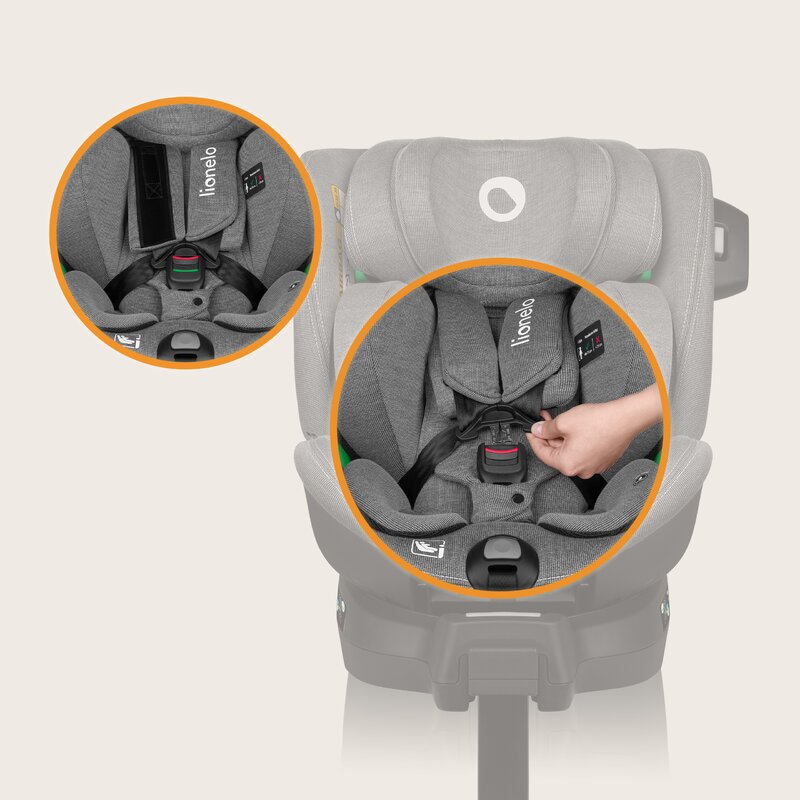 Scaun auto, Lionelo, Harmony i-Size, Rotire 360 grade, Protectie laterala, Cu spatar reglabil in 5 pozitii, Cu tetiera reglabila in 12 pozitii, 0-36 Kg, 40-150 cm, Cu Isofix, Husa din bambus, Conform cu ECE R129, Gri deschis