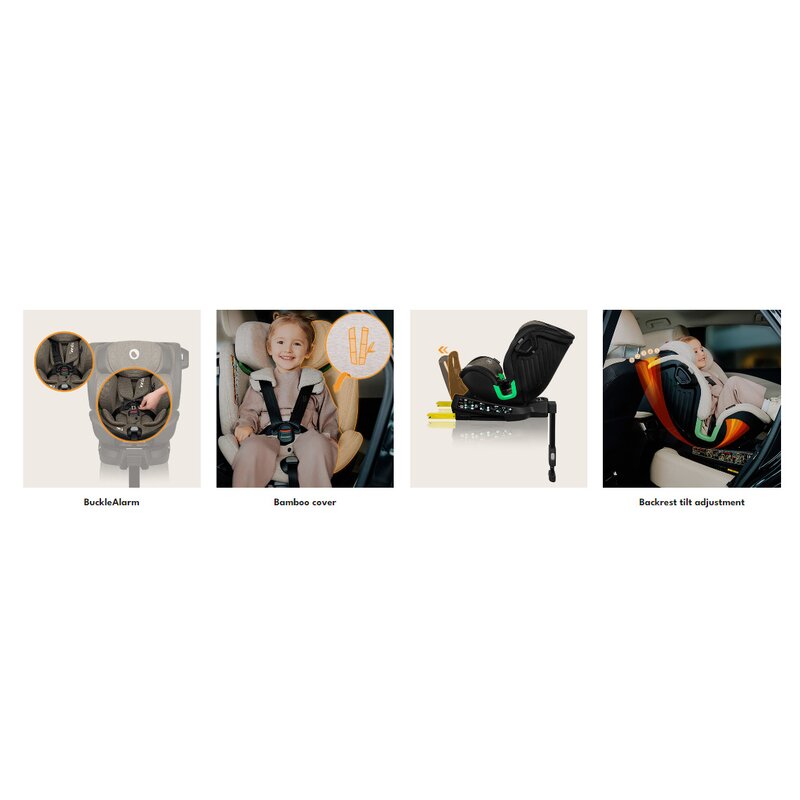 Scaun auto, Lionelo, Harmony i-Size, Rotire 360 grade, Protectie laterala, Cu spatar reglabil in 5 pozitii, Cu tetiera reglabila in 12 pozitii, 0-36 Kg, 40-150 cm, Cu Isofix, Husa din bambus, Conform cu ECE R129, Negru - gogobaby.ro