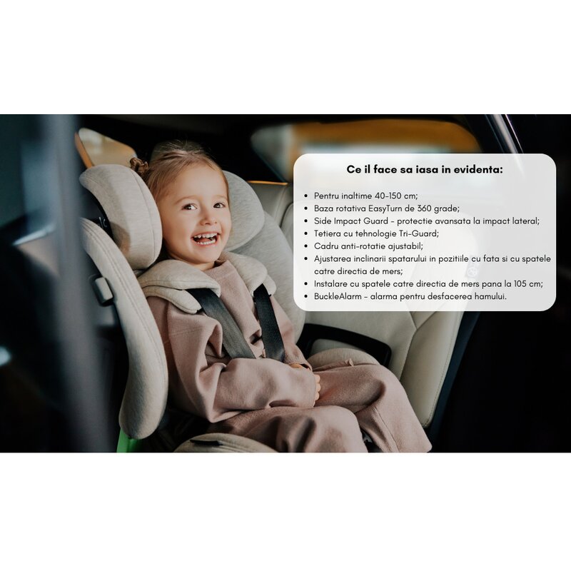 Scaun auto, Lionelo, Harmony i-Size, Rotire 360 grade, Protectie laterala, Cu spatar reglabil in 5 pozitii, Cu tetiera reglabila in 12 pozitii, 0-36 Kg, 40-150 cm, Cu Isofix, Husa din bambus, Conform cu ECE R129, Gri inchis
