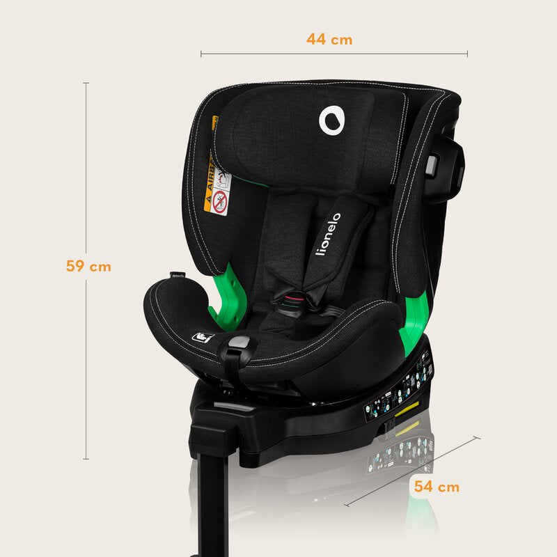 Scaun auto, Lionelo, Harmony i-Size, Rotire 360 grade, Protectie laterala, Cu spatar reglabil in 5 pozitii, Cu tetiera reglabila in 12 pozitii, 0-36 Kg, 40-150 cm, Cu Isofix, Husa din bambus, Conform cu ECE R129, Negru - gogobaby.ro