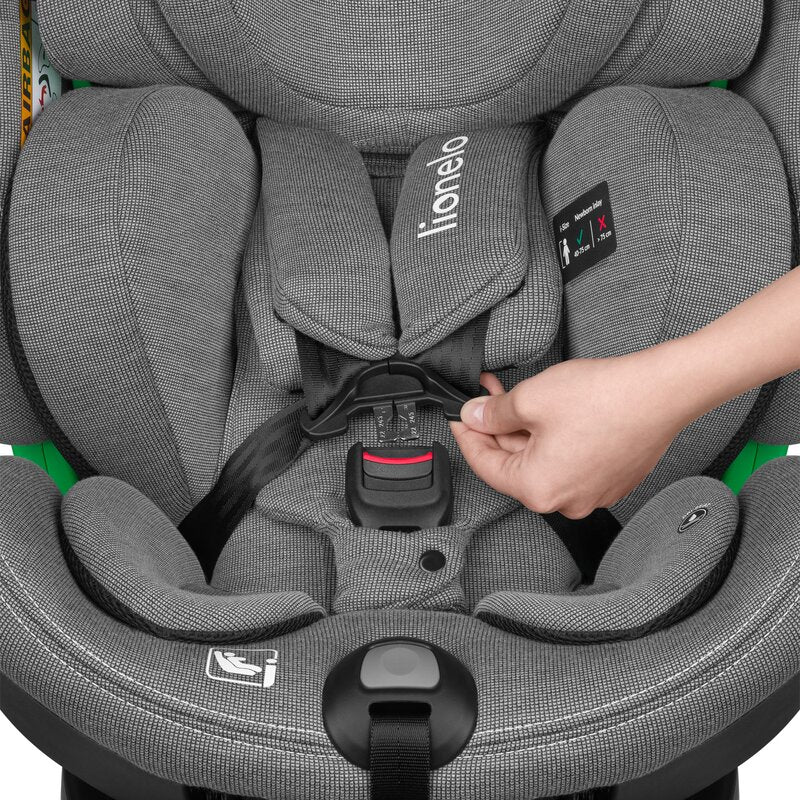 Scaun auto, Lionelo, Harmony i-Size, Rotire 360 grade, Protectie laterala, Cu spatar reglabil in 5 pozitii, Cu tetiera reglabila in 12 pozitii, 0-36 Kg, 40-150 cm, Cu Isofix, Husa din bambus, Conform cu ECE R129, Gri deschis - gogobaby.ro