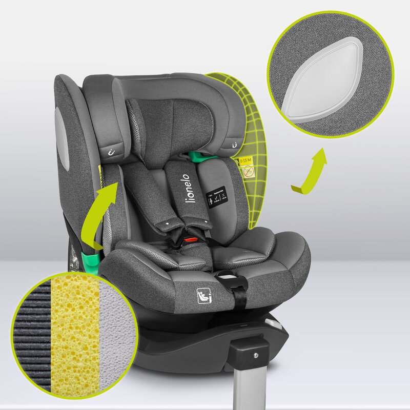 Scaun auto, Lionelo, i-Size Braam, 0-36 Kg, 40-150 cm, Cu isofix si picior de fixare, Protectie laterala, Rotire 360 grade, Ajustare spatar in 5 pozitii, Tetiera reglabila in 14 trepte, Conform cu standardul european de securitate R129, Gri - gogobaby.ro