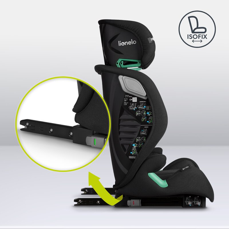 Scaun auto, Lionelo, i-Size Igo, 100- 150 cm, Cu isofix, Protectie laterala, Ajustare spatar in 2 pozitii, Tetiera Tri-Guard reglabila in 11 pozitii, Conform cu standardul european de securitate R129, Negru