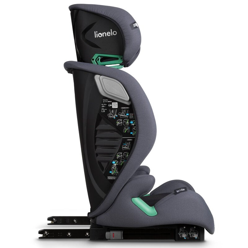 Scaun auto, Lionelo, i-Size Igo, 100- 150 cm, Cu isofix, Protectie laterala, Ajustare spatar in 2 pozitii, Tetiera Tri-Guard reglabila in 11 pozitii, Conform cu standardul european de securitate R129, Gri