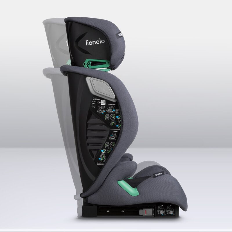 Scaun auto, Lionelo, i-Size Igo, 100- 150 cm, Cu isofix, Protectie laterala, Ajustare spatar in 2 pozitii, Tetiera Tri-Guard reglabila in 11 pozitii, Conform cu standardul european de securitate R129, Gri