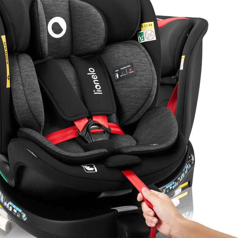Scaun auto, Lionelo, i-Size Navy, 0-36 Kg, 40-150 cm, Cu isofix si picior de fixare, Protectie laterala, Rotire 360 grade, Ajustare spatar in 4 pozitii, Tetiera reglabila in 11 trepte, Conform cu R129, Negru/Rosu