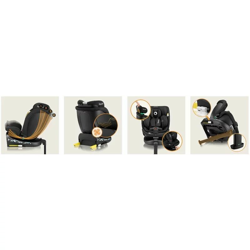 Scaun auto, Lionelo, i-Size Navy, 0-36 Kg, 40-150 cm, Cu isofix si picior de fixare, Protectie laterala, Rotire 360 grade, Ajustare spatar in 4 pozitii, Tetiera reglabila in 11 trepte, Conform cu R129, Negru
