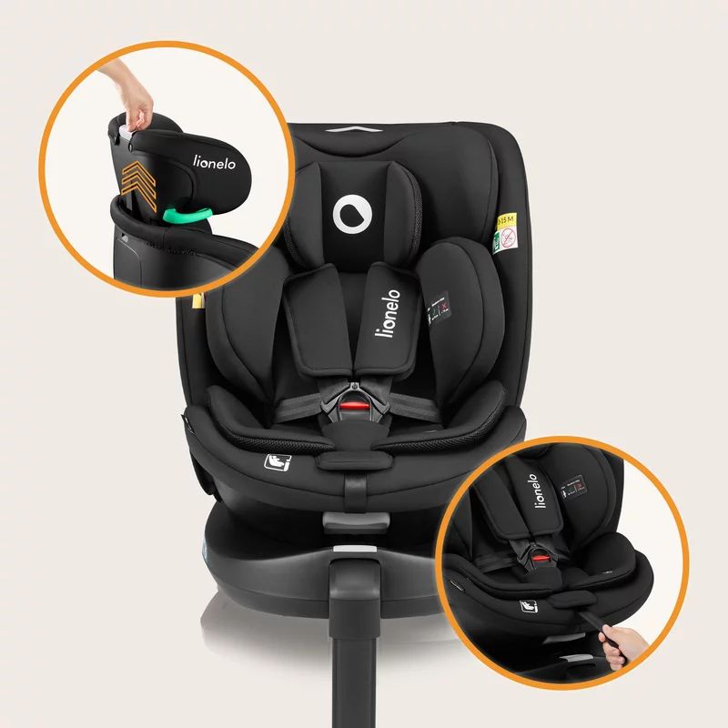 Scaun auto, Lionelo, i-Size Navy, 0-36 Kg, 40-150 cm, Cu isofix si picior de fixare, Protectie laterala, Rotire 360 grade, Ajustare spatar in 4 pozitii, Tetiera reglabila in 11 trepte, Conform cu R129, Negru