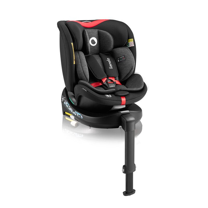 Scaun auto, Lionelo, i-Size Navy, 0-36 Kg, 40-150 cm, Cu isofix si picior de fixare, Protectie laterala, Rotire 360 grade, Ajustare spatar in 4 pozitii, Tetiera reglabila in 11 trepte, Conform cu R129, Negru/Rosu