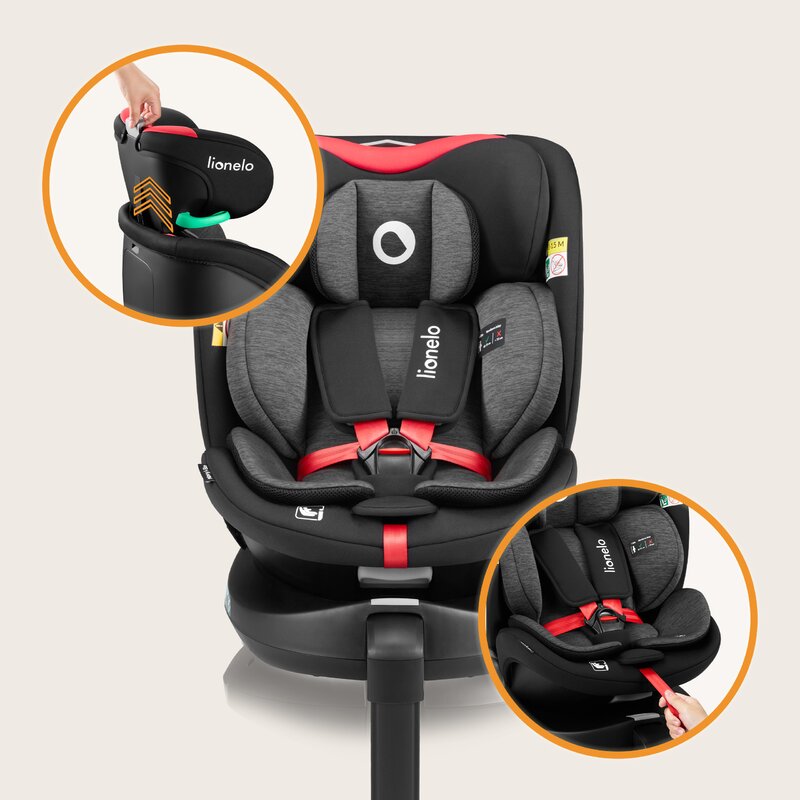 Scaun auto, Lionelo, i-Size Navy, 0-36 Kg, 40-150 cm, Cu isofix si picior de fixare, Protectie laterala, Rotire 360 grade, Ajustare spatar in 4 pozitii, Tetiera reglabila in 11 trepte, Conform cu R129, Negru/Rosu